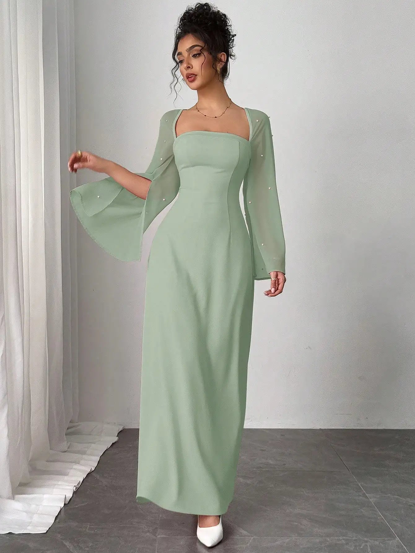 Mint Green Square Neck Long Dress with Sheer Bell Sleeves and Pearl Embellishments