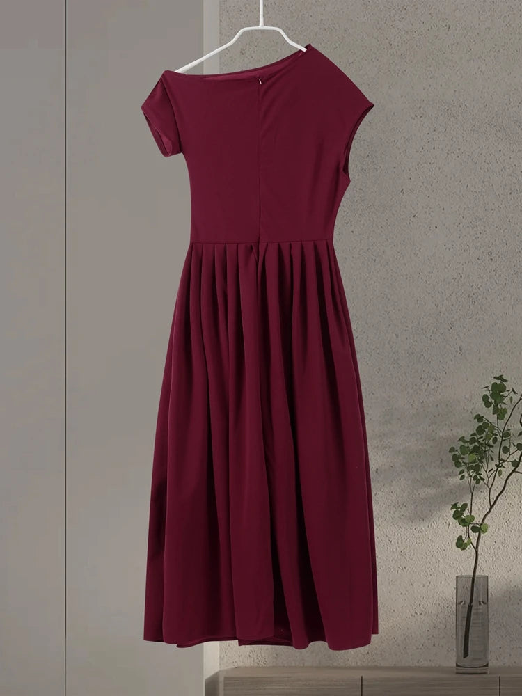 Elegant Long Dress Women Loose Skew Collar Sleeveless A Line Robe Female 2026 Spring Summer Solid Fashion High Waist Dress Lady