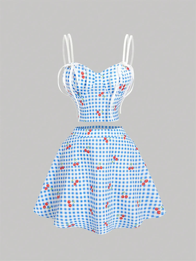 Women's Blue and White Checkered Cherry Print Two-Piece Set: Camisole Top + Flared Mini Skirt Sweet Retro Vacation Outfit