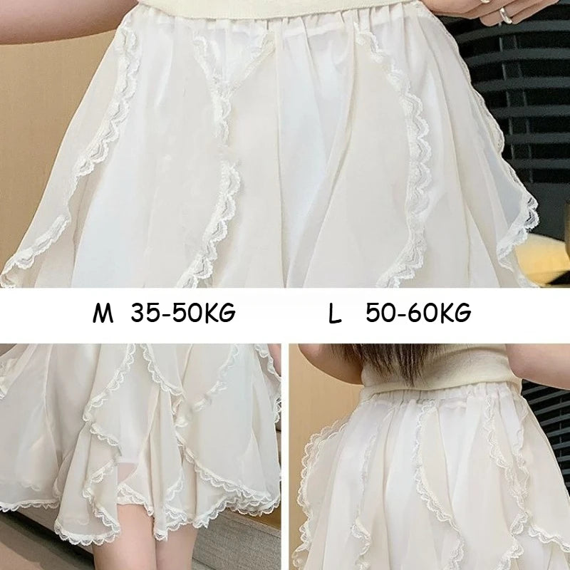 Women's Tutu Tulle Skirt Asymmetrica Chiffon Korean Version Elastic Waist Knee-Length Lace Splicing Layered Puffy Cake Skirt