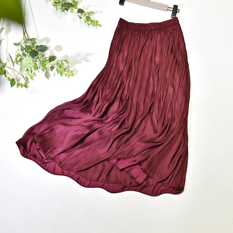 Summer Silky Skirt Elastic High Waist Glossy Silky Long Skirt Milk Silk A-line Long Skirts Women Beach Pearlescent Dress