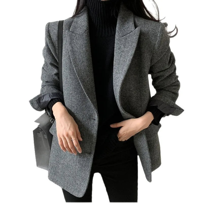 Retro Lapel Women's Blazer Spring Autumn Herringbone Woolen Long-Sleeved Suit Two-Button Loose Fit Coat for Women