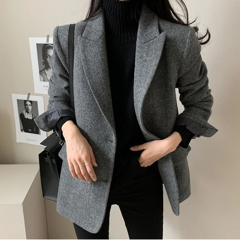 Retro Lapel Women's Blazer Spring Autumn Herringbone Woolen Long-Sleeved Suit Two-Button Loose Fit Coat for Women