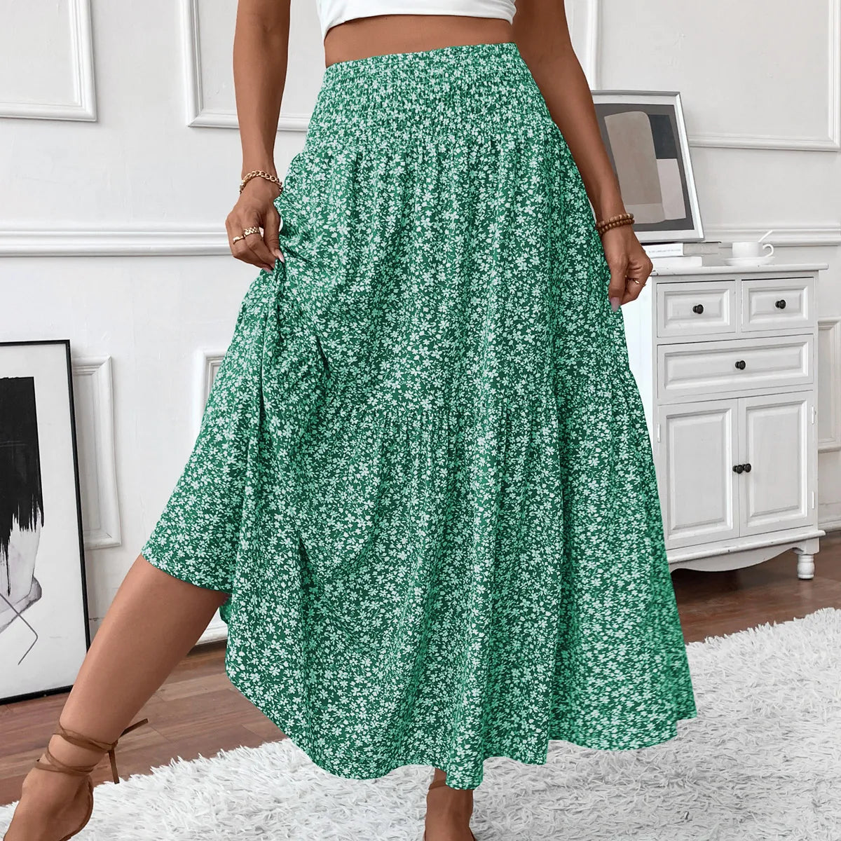 Women's High Waisted Floral Tiered Maxi Skirt Elegant A-Line Flowy Long Skirt with Elastic Waist Perfect for Summer Wear