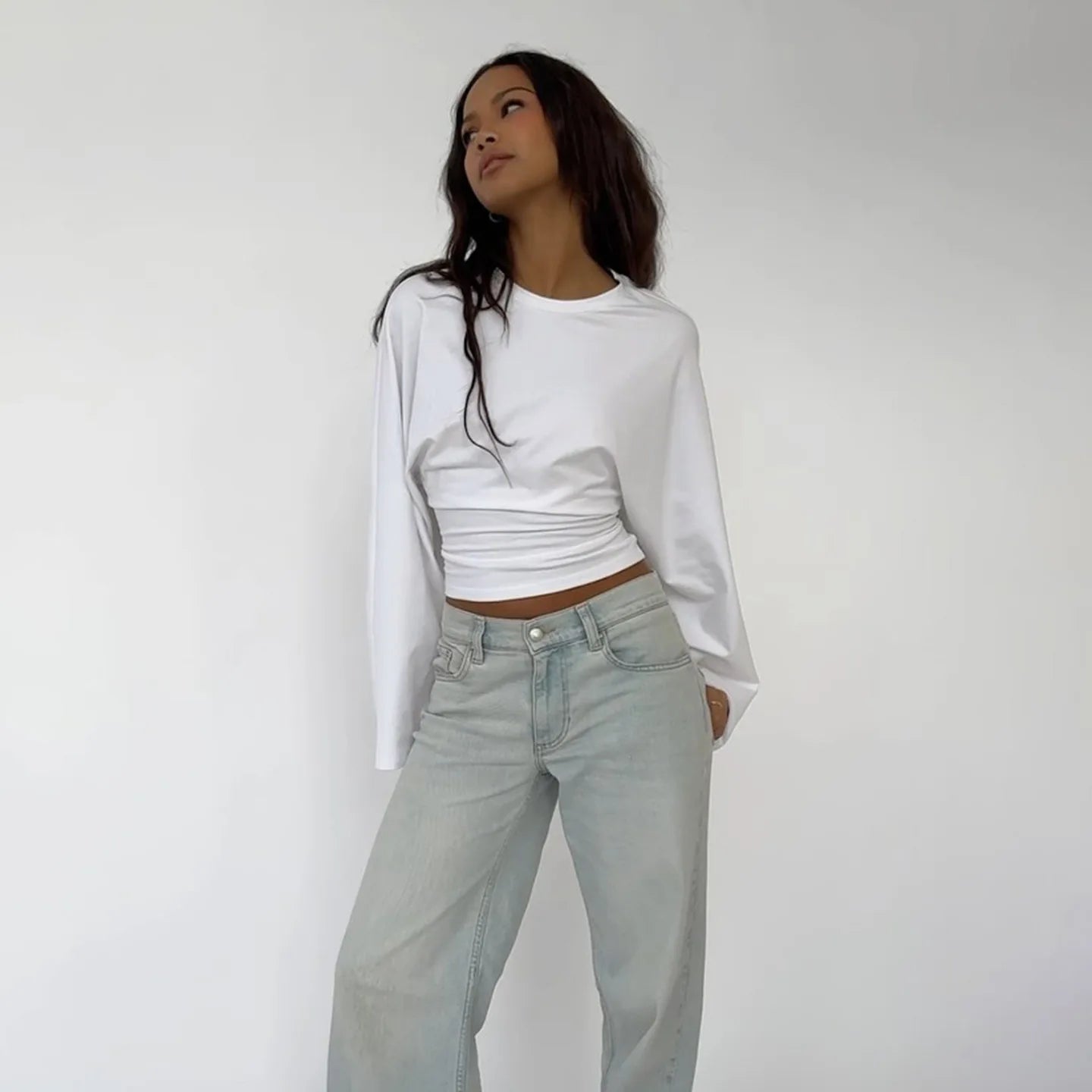 2026 Women Solid O-Neck T-Shirts Front Shoulder Wide Long Sleeve Cinched Waist Slim Top Female Casual Simple Versatile tshirts