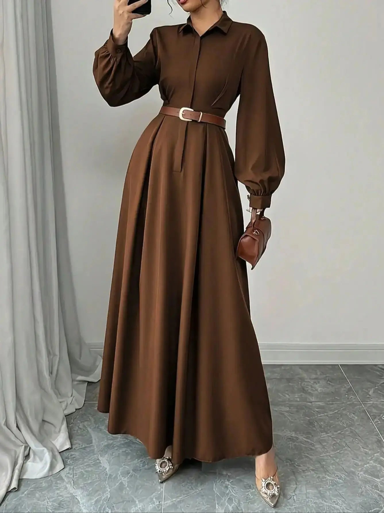 Women's Elegant Long Lantern Sleeve Office Dress Fashion Pleated A-Line Maxi Dresses Autumn 2026 Casual Long Shirt Vestidos