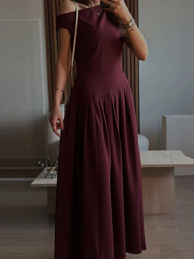 Elegant Long Dress Women Loose Skew Collar Sleeveless A Line Robe Female 2026 Spring Summer Solid Fashion High Waist Dress Lady