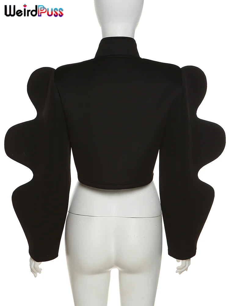 Weird Puss Fashionable Special Sleeve Jacket Women Y2K Autumn Warmth Solid Single-Breasted Wild Street Causal Short Outwear Coat
