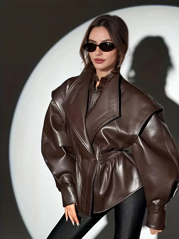 New Fall Winter High Street Warm Brown Zipper Pu Leather Jacket Women Casual Lapel Elastic Waist Cinching Coat Outwear Clothes