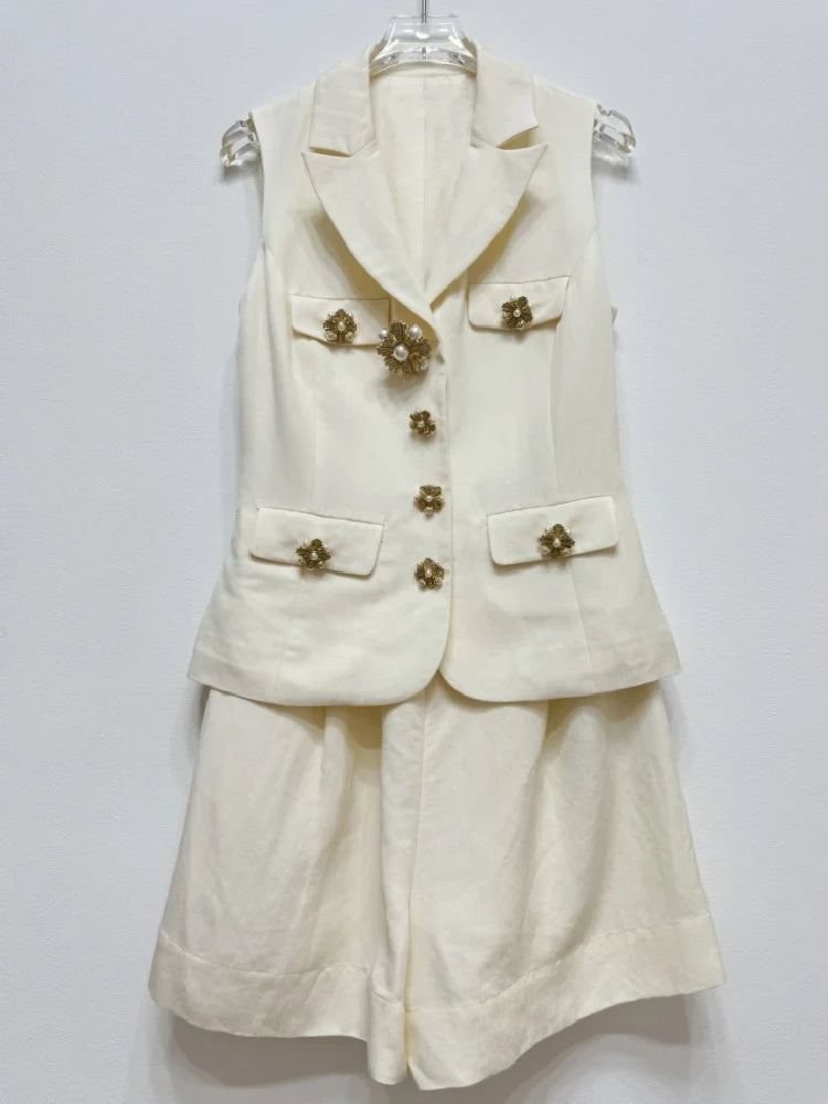 Summer Holiday Two Piece Shorts Sets Women Sleeveless Jacket Wide Legs Shorts Pants Suits Pearl Flower Button Blazer Office Lady