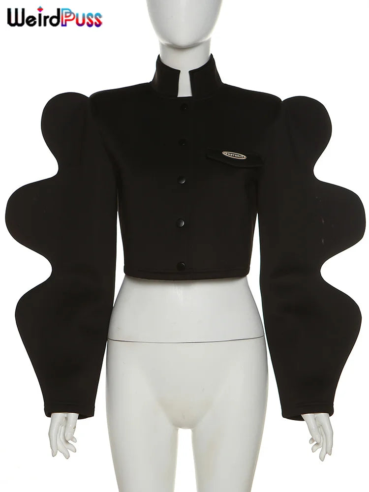 Weird Puss Fashionable Special Sleeve Jacket Women Y2K Autumn Warmth Solid Single-Breasted Wild Street Causal Short Outwear Coat