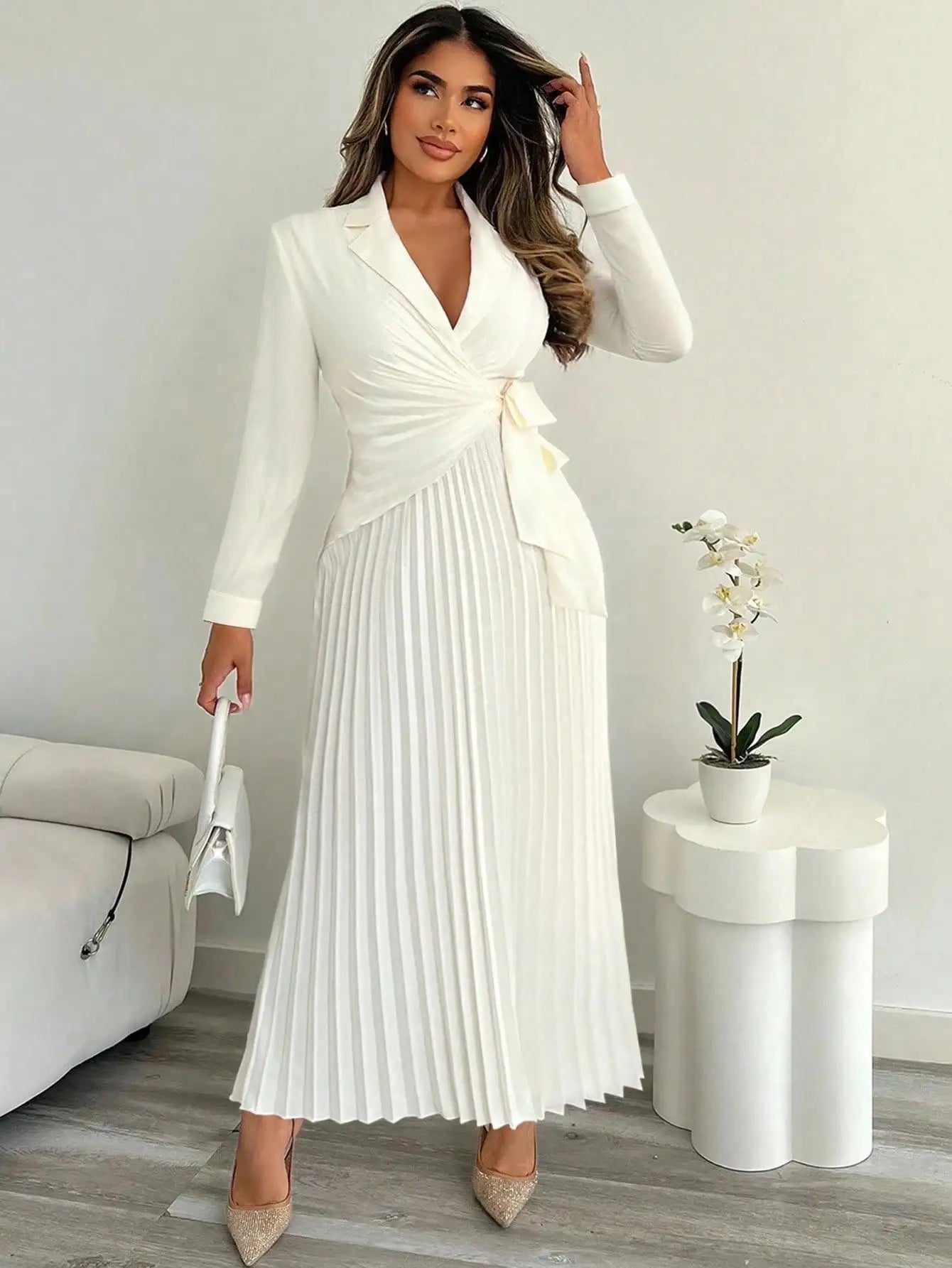 Women's Wrap Front Pleated Shirt Dress with Cinched Waist, Long Sleeve, V-Neck, Office to Evening Wear