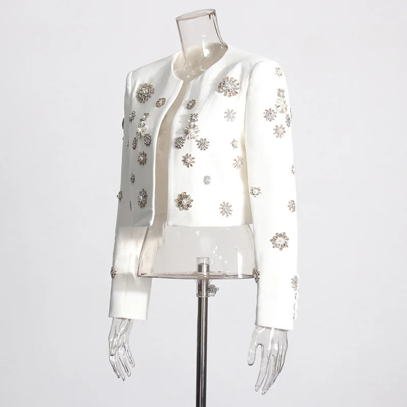 Brand Designer High Quality Beaded Diamonds Two Piece Women White Sets Jackets Suit Coats Long Pants Office Suits