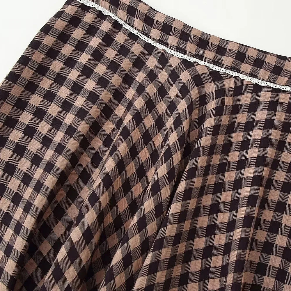 2026 new women's French casual versatile A-line hem high waist casual commuting small plaid lace skirt