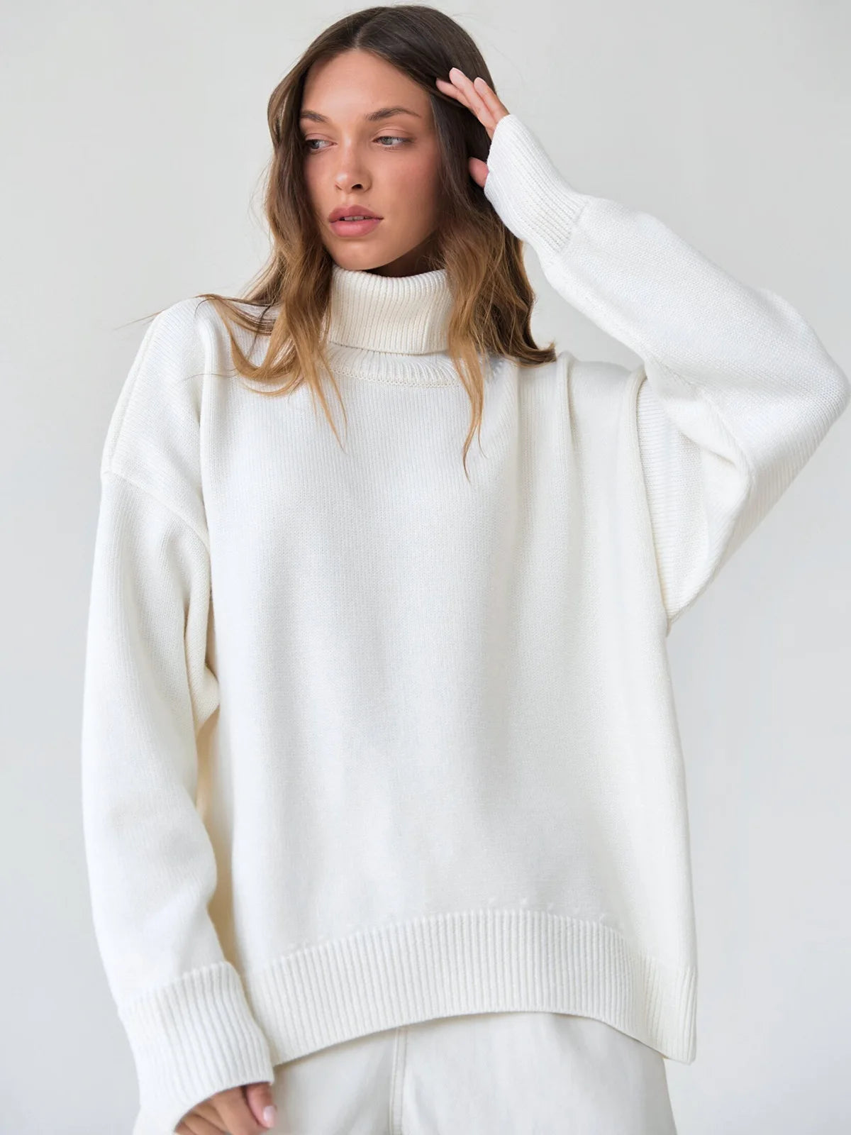 Fashion Women's Turtleneck Sweater Autumn Winter New Knit Pullover Oversized Jumper Female Loose Casual Solid White Sweater Tops