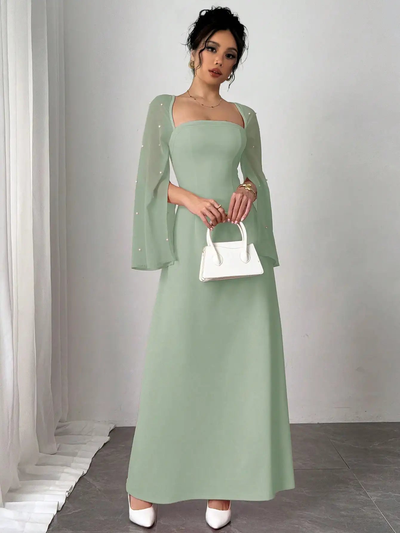 Mint Green Square Neck Long Dress with Sheer Bell Sleeves and Pearl Embellishments