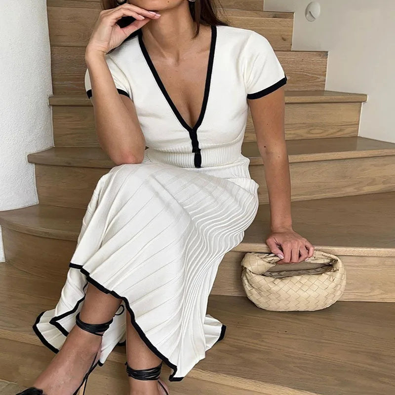 2026 Summer Women White long Skirt Suit Short Sleeve V-neck crop top pleated set elegant dress 2 piece skirt set Plus Size S-3XL