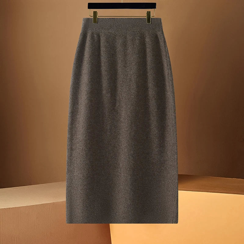 DjzDsm Spring and Autumn New Women's 100% Merino Wool Half Skirt High Waist Elastic Hip Wrap Skirt One Step Wool Knitted Skirt