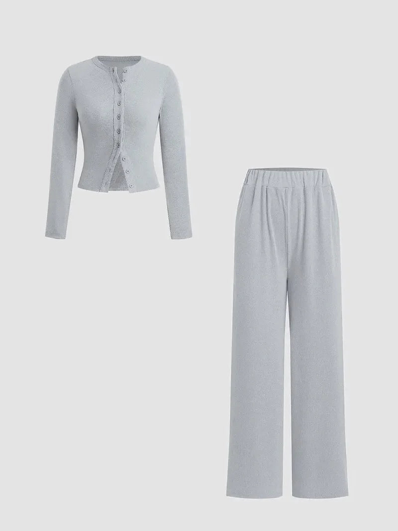 Women's 2 Piece Set Ribbed Long Sleeve T-Shirt & Wide Leg Pants, Casual Fall Winter, Ladies Fashion Clothing