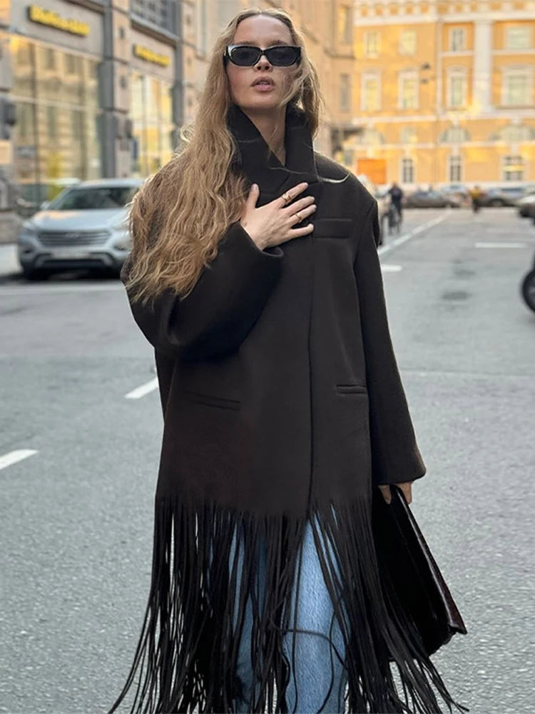 Vintage Tassel Solid Suit Trench Women Casual Lapel Single Button Long Tassels Jackets Coat Female Winter Chic Design Outwear
