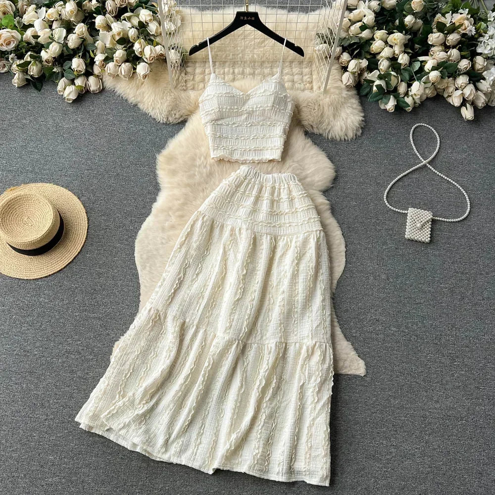 ITOOLIN Women Sexy Camisole+A Line Long Skirt Fashion Elastic Bohemian Suits Woman Summer Lace Patchwork Beach Two Pieces Sets