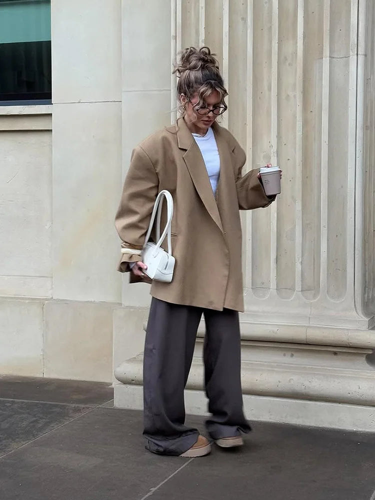 Casual Oversize Lapel Single Breasted Suit Jackets Women Chic Full-Sleeve Pocket Blazer Coat Lady High Street Commute Outerwears