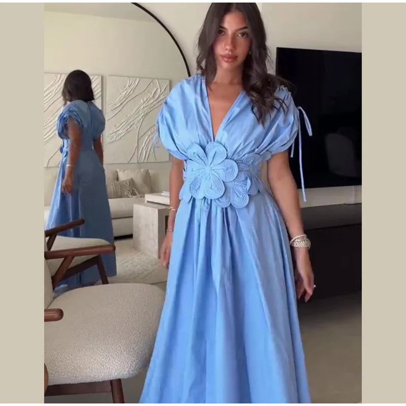 Elegant 3D Flower Solid Pleated Long Dress Women Chic V Neck Short Sleeved Drawstring Lace Up Robes Summer Lady Fashion Dresses
