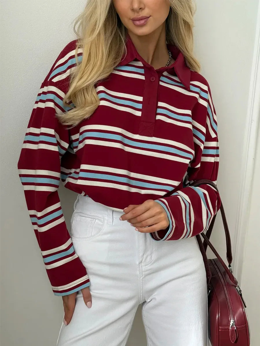 Autumn Casual Stripes Contrast Long-sleeved T-shirt Women Button Lapel Polo Shirt Tshirts New Streetwear Retro Chic Tops 2025