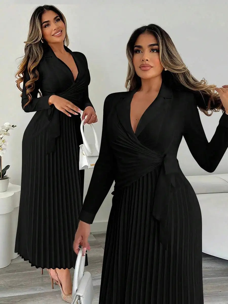 Women's Wrap Front Pleated Shirt Dress with Cinched Waist, Long Sleeve, V-Neck, Office to Evening Wear