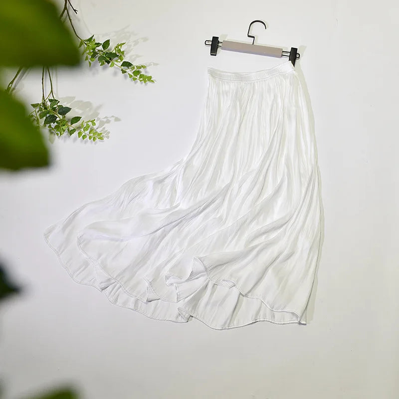 Summer Silky Skirt Elastic High Waist Glossy Silky Long Skirt Milk Silk A-line Long Skirts Women Beach Pearlescent Dress