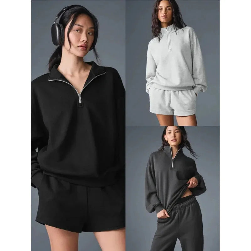 Unisex Winter Fleece Sweatshirt Thick Warm Stand Collar Zip Jacket Loose Fit Sport Top Casual Fitnes Outerwear for Men and Women