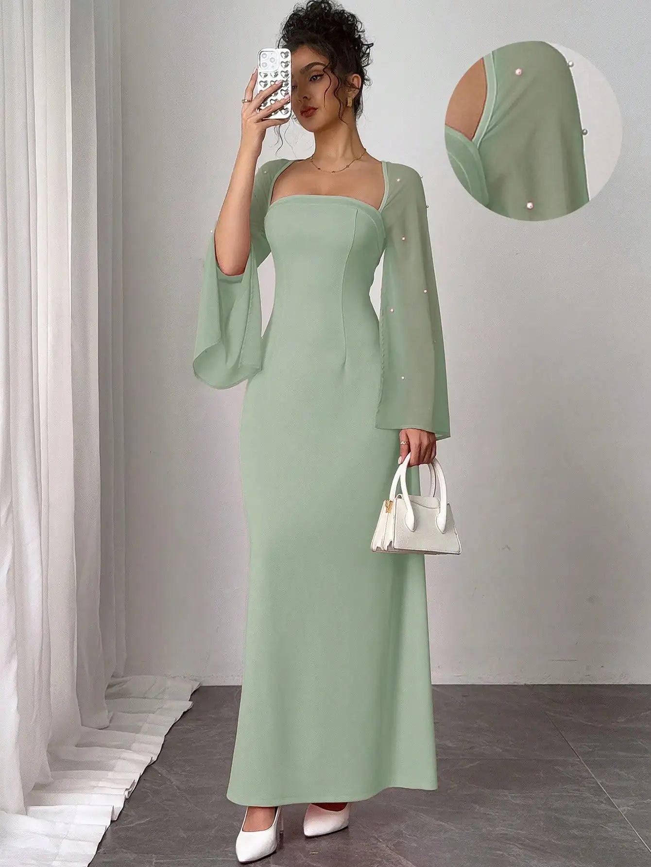 Mint Green Square Neck Long Dress with Sheer Bell Sleeves and Pearl Embellishments