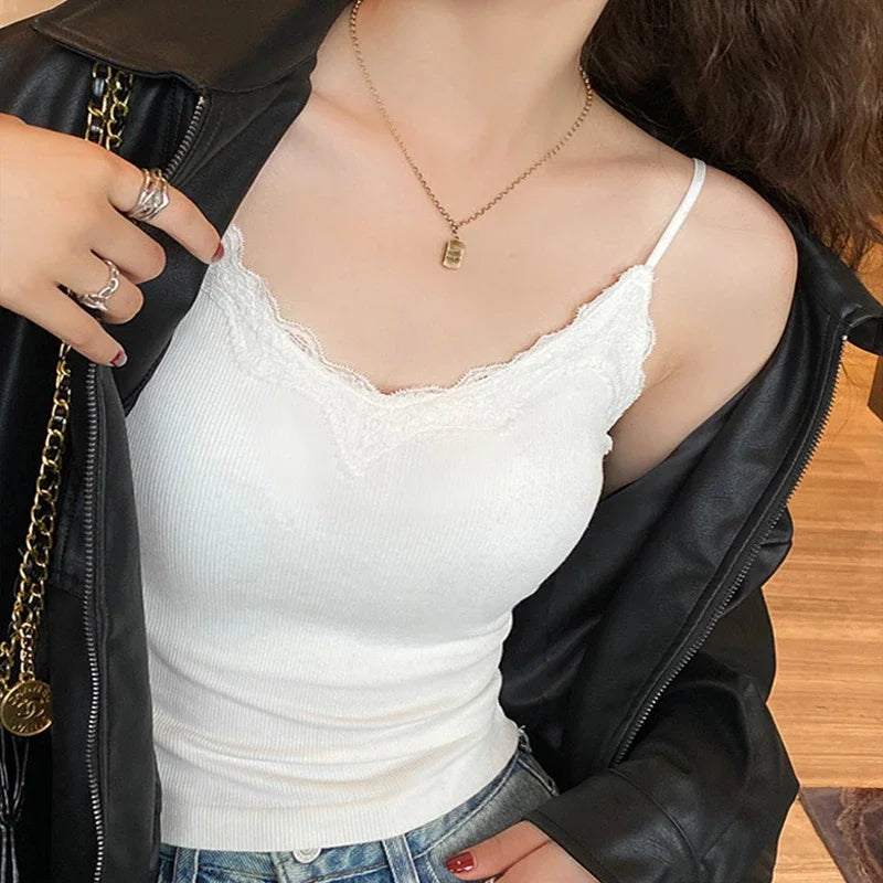 ITOOLIN Summer Women Solid Backless Tank Top With Bra Pad Lace Patchwork Spaghetti Sexy Crop Top Sweet Backless Cotton Camis Top