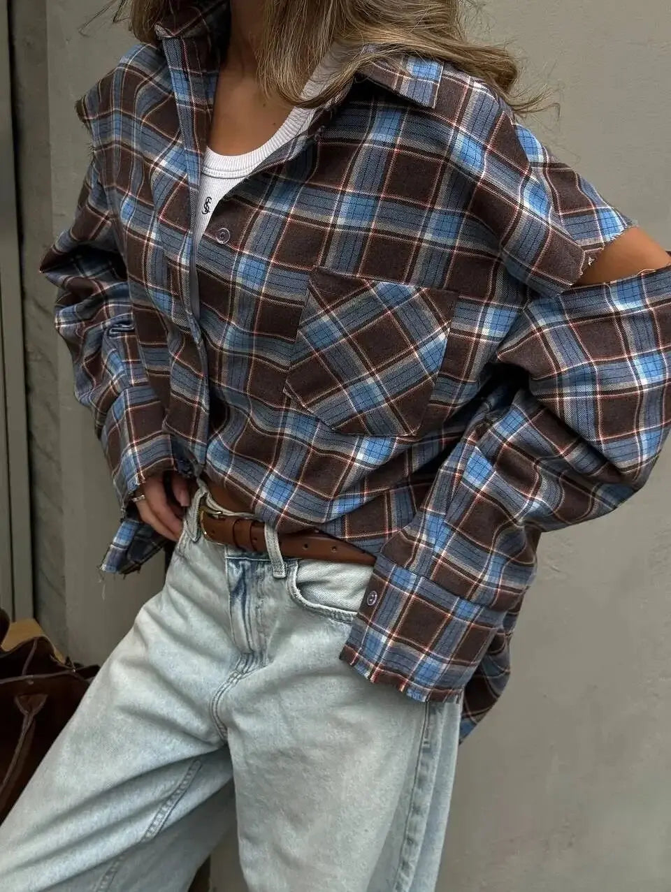 Fashion Checkered Pattern Shirt Women Elegant Lapel Long Sleeve Single Breasted Pocket Loose Tops 2026 New Chic Outerwear Shirt