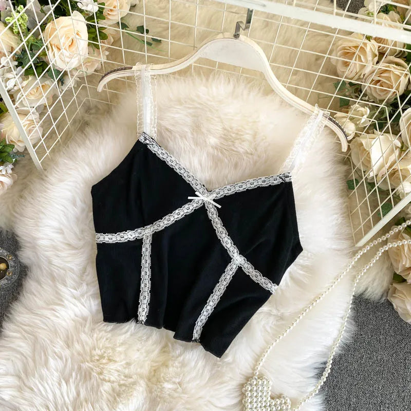 ITOOLIN Women Lace Up Crop Tops V-Neck Knitted Camis Short Slim Underwear Tops Straps Tops for WOmen 2025 Summer