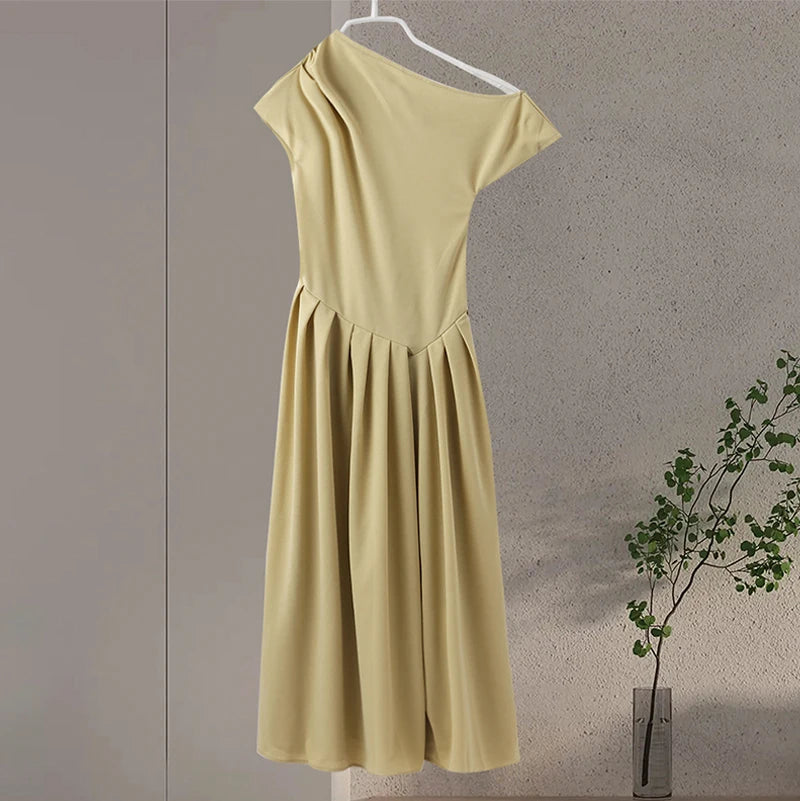 Elegant Long Dress Women Loose Skew Collar Sleeveless A Line Robe Female 2026 Spring Summer Solid Fashion High Waist Dress Lady