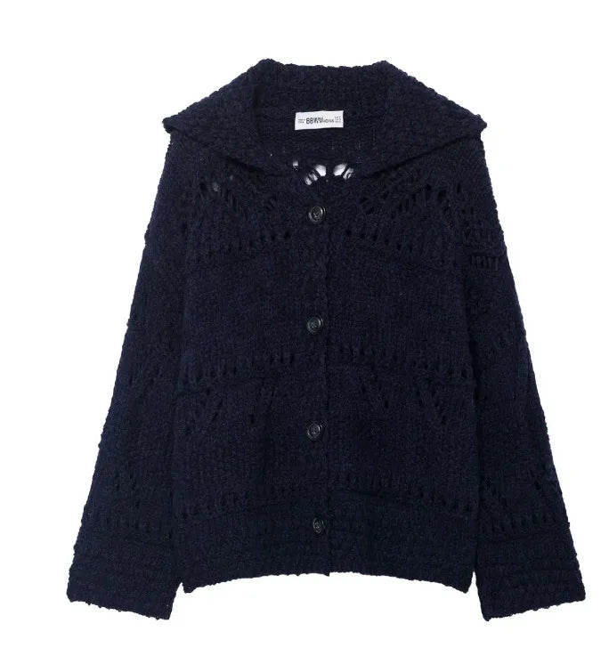 Women's Knit Cardigan Coat 2026 Spring Revere Collar Long Sleeve Button Plain Sweater Tops Female Fashion Loose Hollow Coats