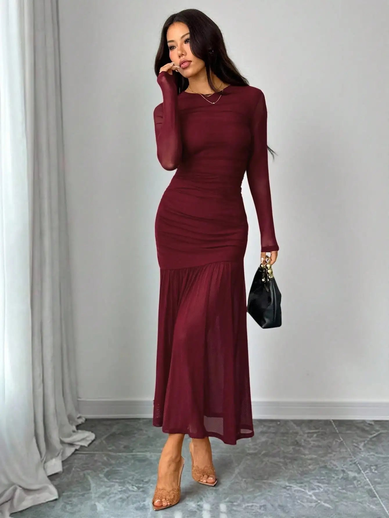 Burgundy Long Sleeve Round Neck Mesh Midi Dress with Ruched Bodice