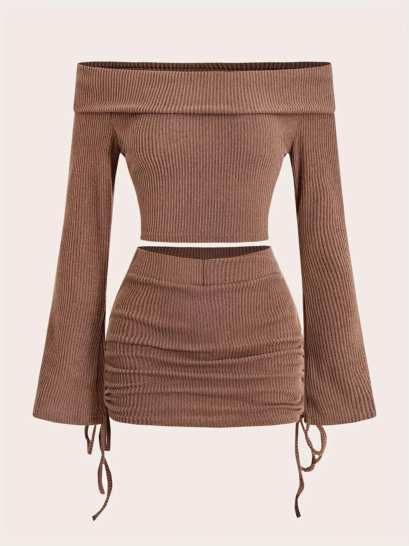 Women's 2-Piece Off-Shoulder Ribbed Set - Long Sleeve Crop Top & Ruched Mini Skirt Outfit for Fall/Winter