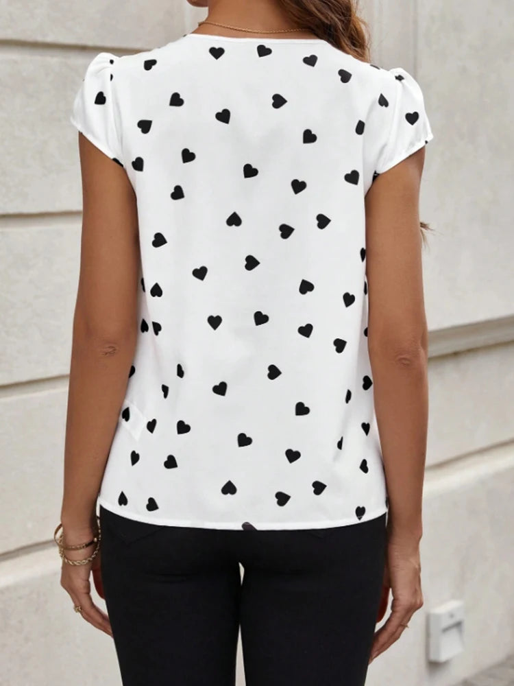 Women's Heart Shaped Printed Pleated Short Sleeved Round Neck Shirt Fashionable Women's Top Romantic Design