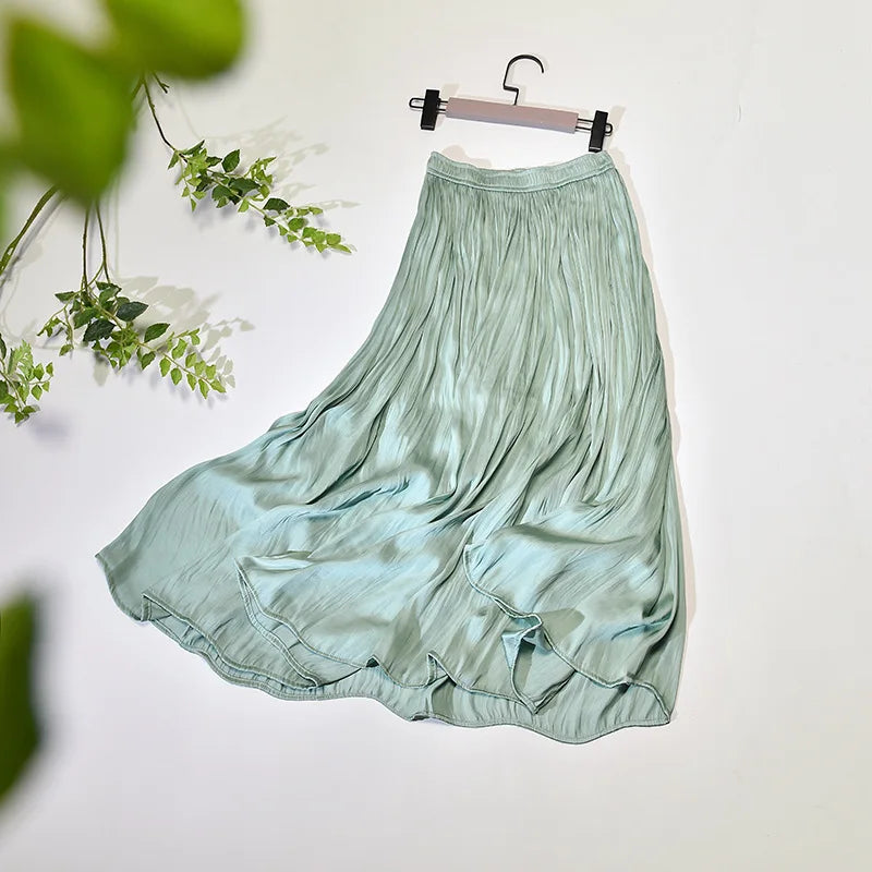 Summer Silky Skirt Elastic High Waist Glossy Silky Long Skirt Milk Silk A-line Long Skirts Women Beach Pearlescent Dress
