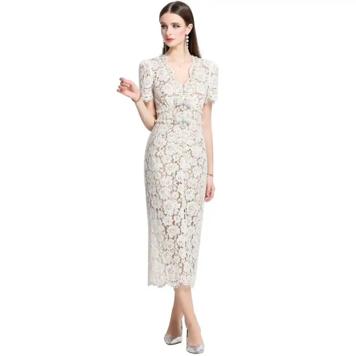 Luxury Crystal Bow Evening Formal Dress Women Summer Elegant Short Sleeve Hollow Out Pearl Embroidery Midi Long Lace Dresses