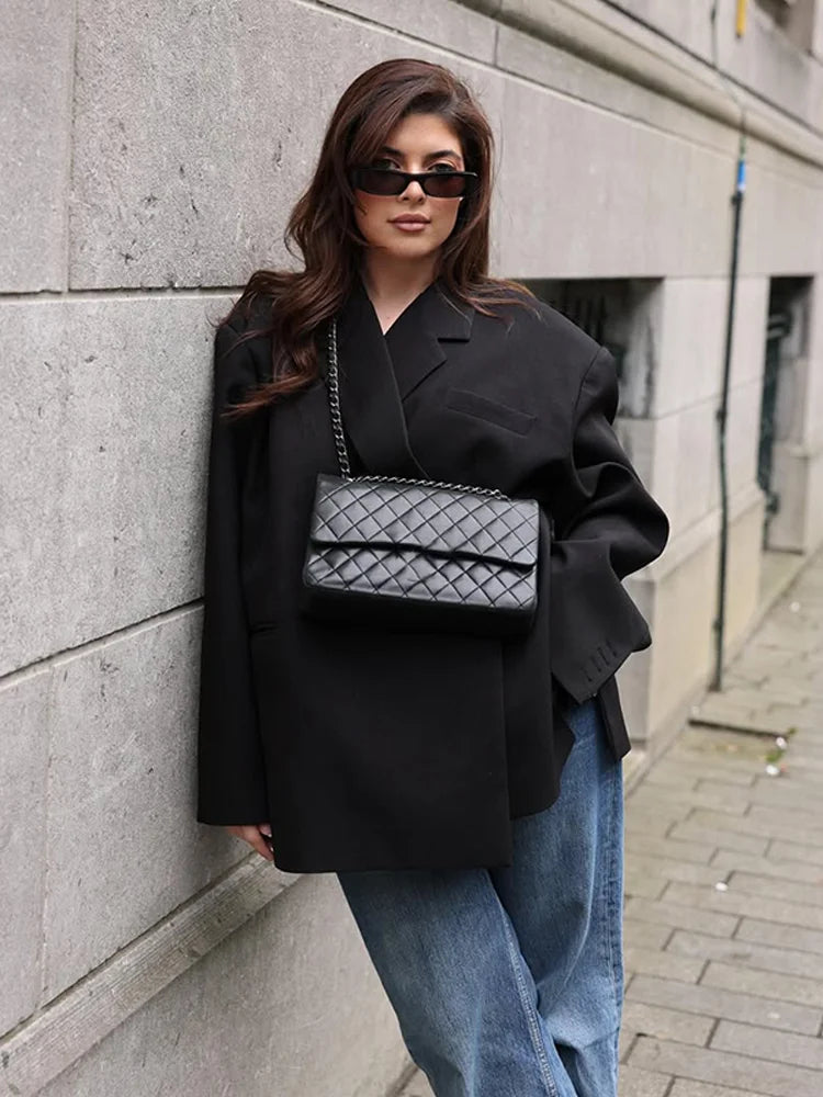 Casual Oversize Lapel Single Breasted Suit Jackets Women Chic Full-Sleeve Pocket Blazer Coat Lady High Street Commute Outerwears