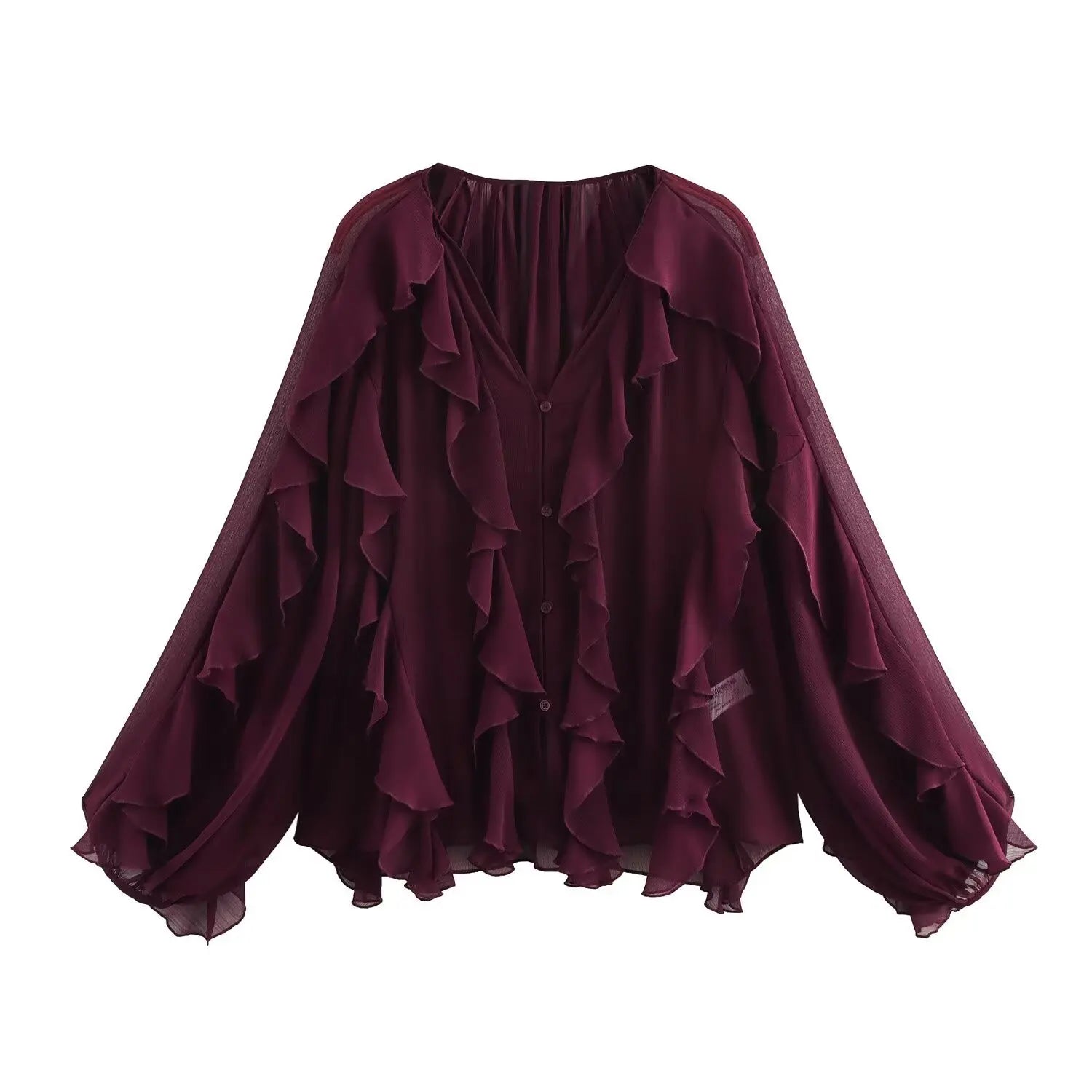Translucent Layer Ruffle V-neck Loose Blouse Women's Burgundy Long Sleeved Gauze Shirts 2025 New Spring Casual Commute Tops