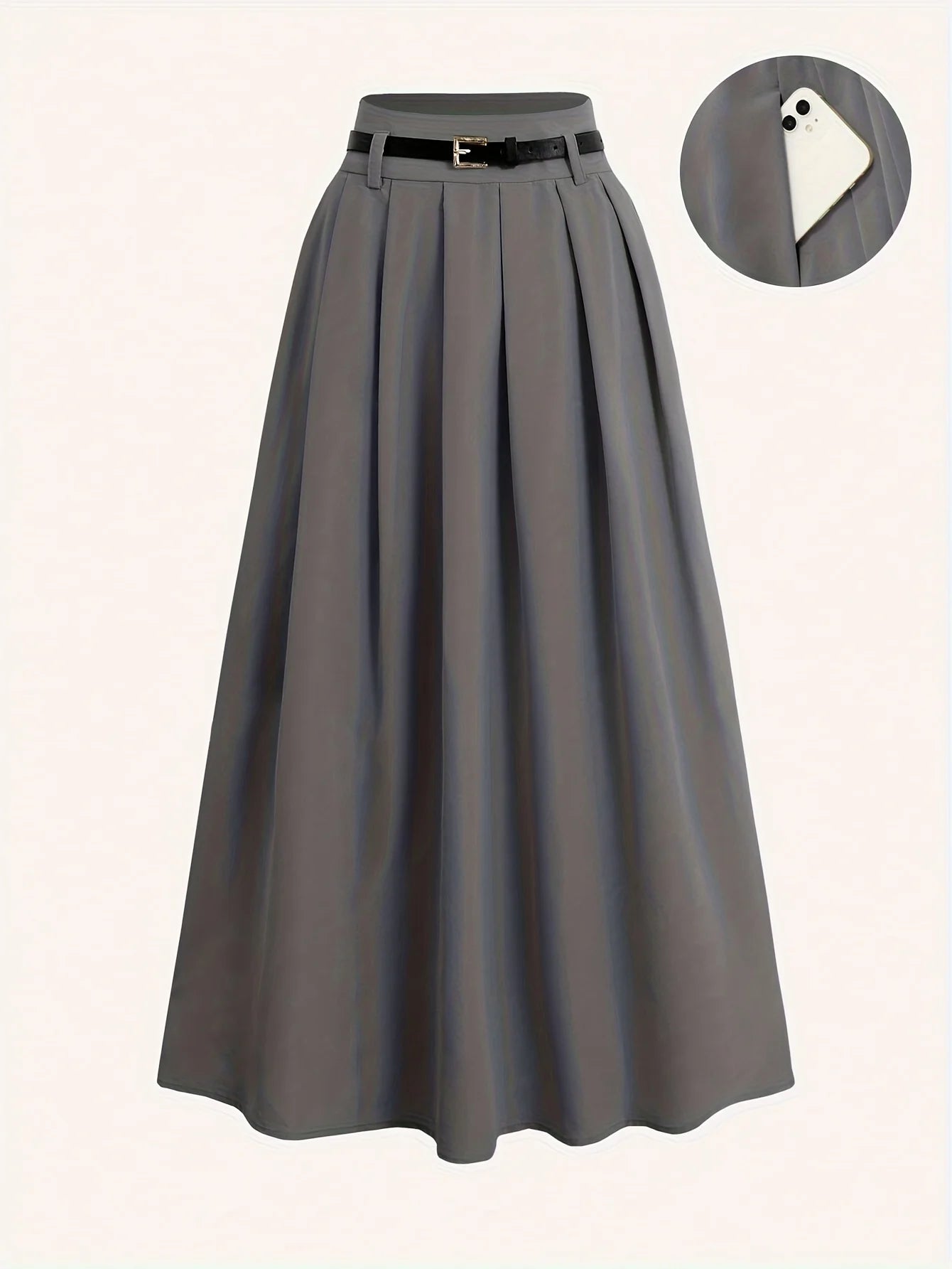 Ladies' solid color versatile decorative belt, high waist long pleated pleated skirt, high waist flared skirt
