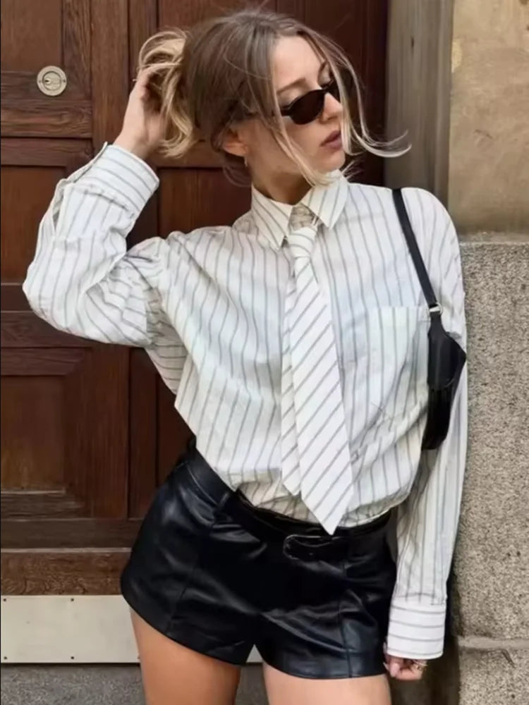 Striped Tie Shirt Women Long Sleeve Lapel Single Breasted Oversized Shirts Female 2026 Fashion New Spring Outwear Lady Tops