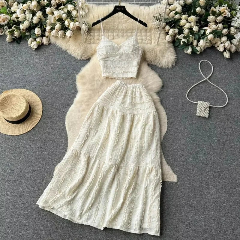 ITOOLIN Women Sexy Camisole+A Line Long Skirt Fashion Elastic Bohemian Suits Woman Summer Lace Patchwork Beach Two Pieces Sets