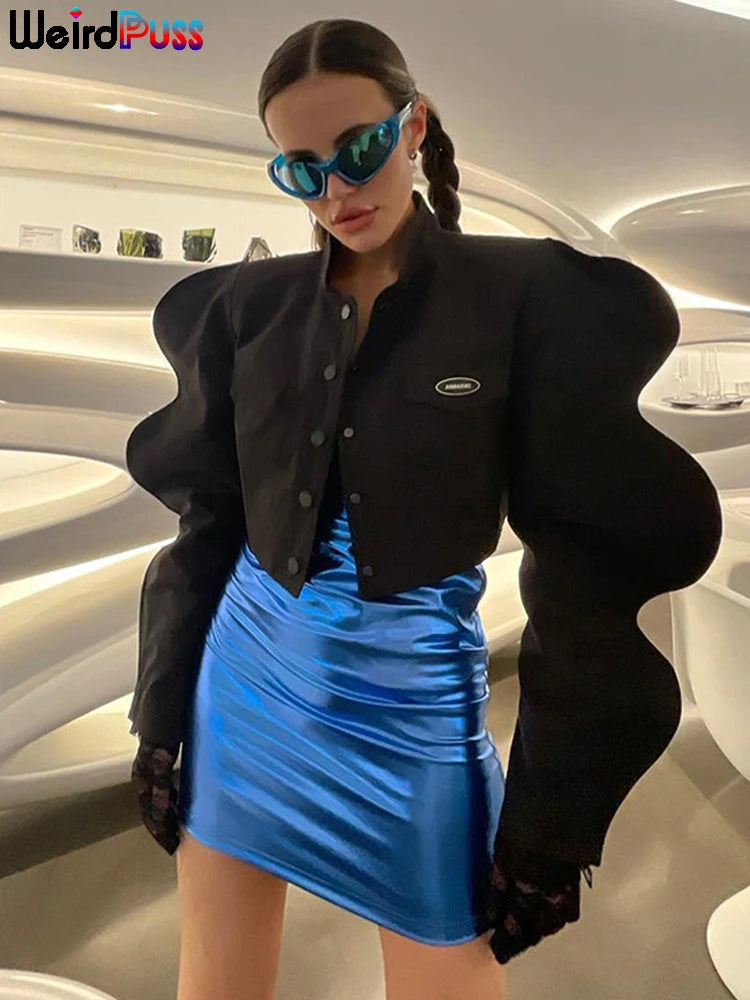 Weird Puss Fashionable Special Sleeve Jacket Women Y2K Autumn Warmth Solid Single-Breasted Wild Street Causal Short Outwear Coat