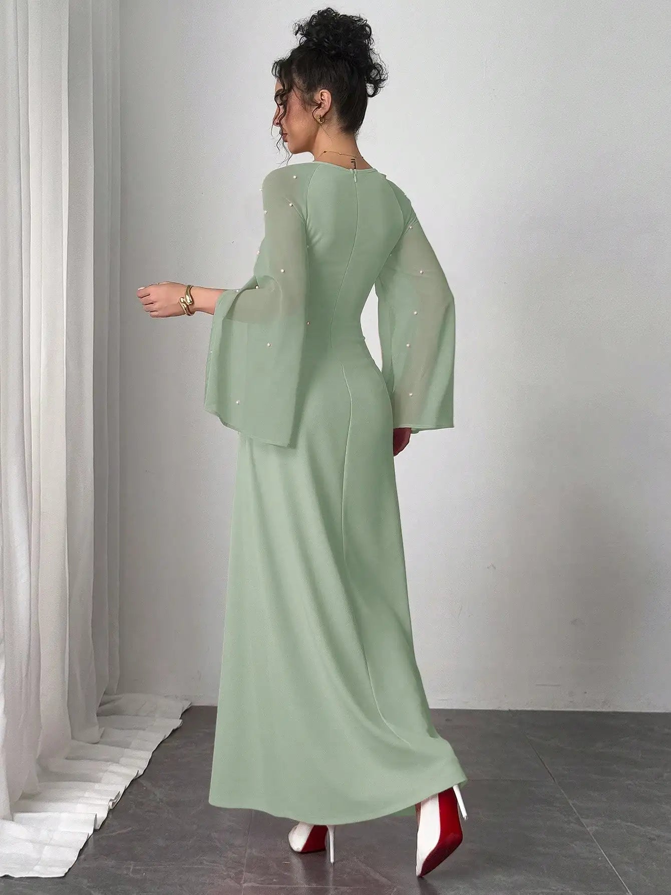 Mint Green Square Neck Long Dress with Sheer Bell Sleeves and Pearl Embellishments