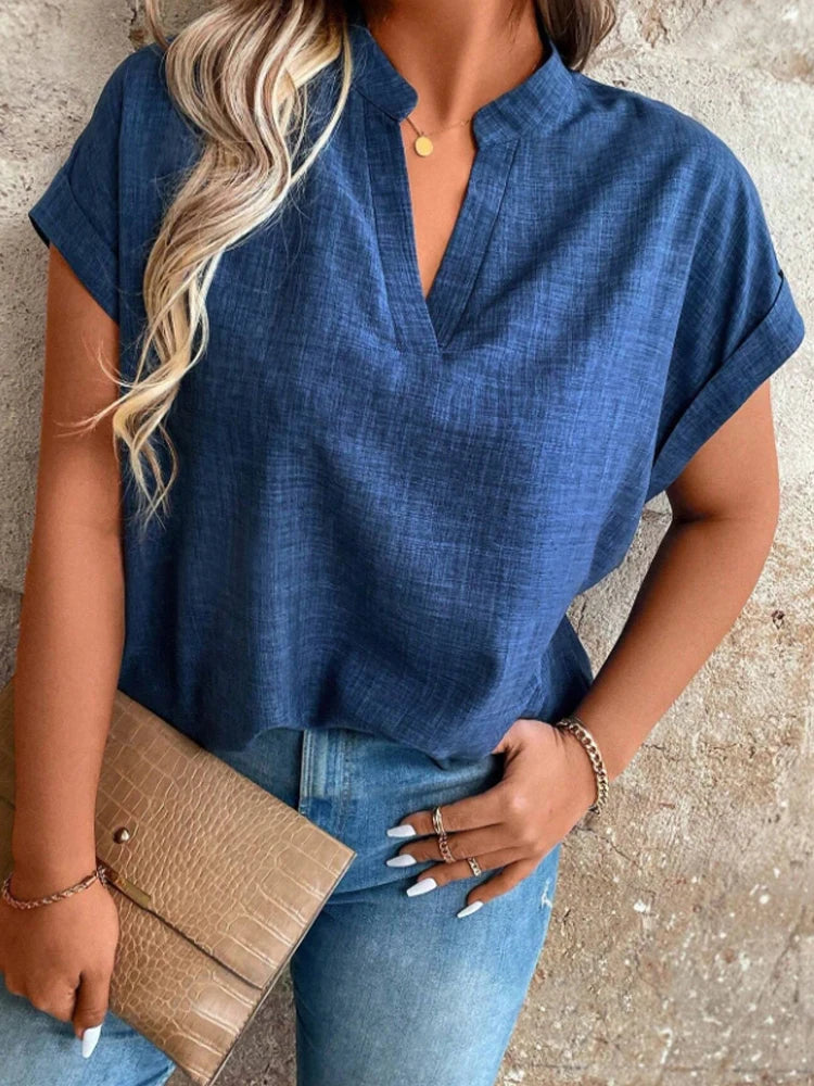 Stylish and Elegant Latest Spring and Summer Women's Top with a Notched V-Neck and Batwing Sleeves